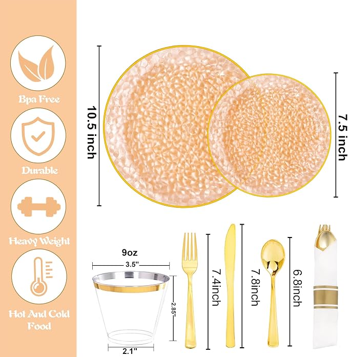 Rubtlamp 700Pcs Orange Gold Plastic Dinnerware Set, Hammered Clear Gold Plates, Fancy Plastic Plates Include 100 Dinner Platos, 100 Salad Platos, 100 Cups, 100 Pack Pre Rolled gold plastic Silverware