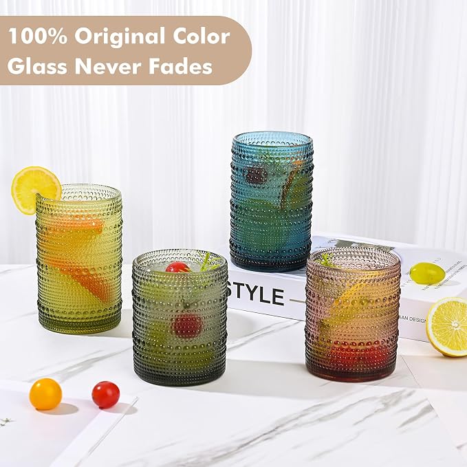 ZMOWIPDL 12oz & 15oz Hobnail Drinking Glasses,Colored Glass Cups Set of 8 | Vintage Highball Glassware，Kitchen Drinkware，Embossed Water Tumbler,for Beer,Cocktail,Whiskey,Juice,Various Mixed Drinks