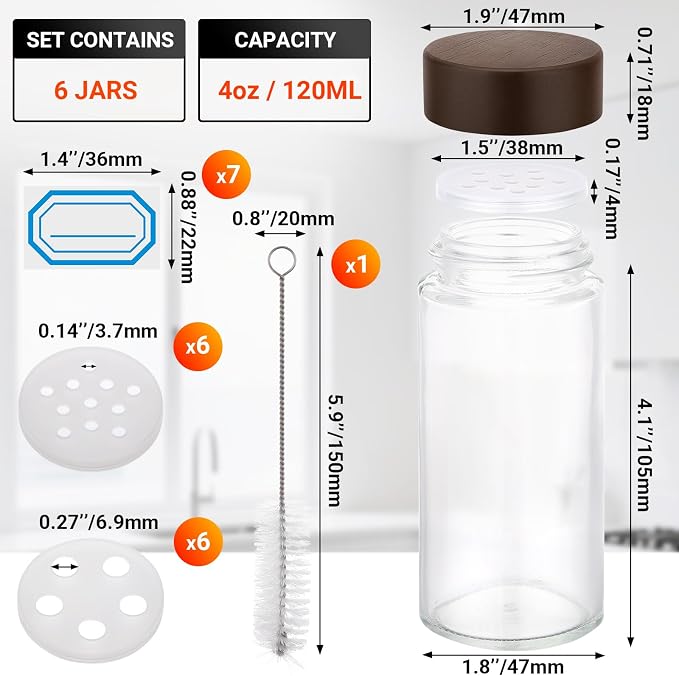 Segarty 4oz Spice Jar with Shaker Lids, 6 Pack 120ml Glass Round Empty Spices Jars with Wood Lids, Clear Seasoning Container Cereal Containers Set for Storage, Spice Bottle with 7 Stickers and 1 Brush