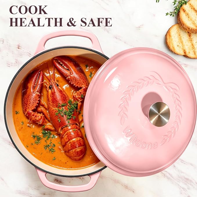 Wildone 6QT Enameled Cast Iron Dutch Oven Pot with Lid, Heavy-Duty Cookware for Bread Baking, Braising, Stews, Roasting, Wedding Registry Ideas & Gifts, Pink