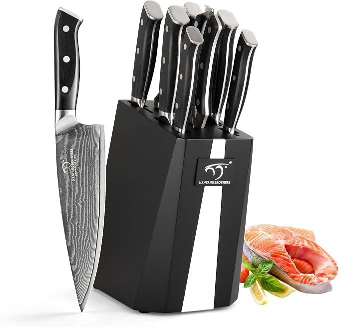 NANFANG BROTHERS Damascus Knife Set, 9-Piece VG10 Kitchen Knives | with Block