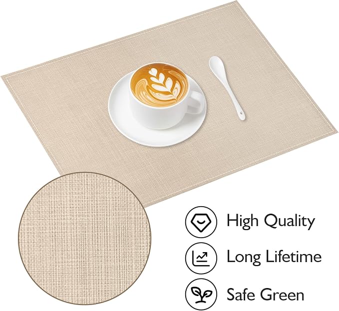 Beige White Placemats Set of 4, 12x18 Inch Washable Easy to Clean Heat-Resistant Anti-Skid Beige Placemats for Holiday Party Kitchen Dining Room Decoration