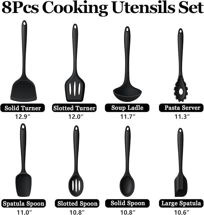 LIANYU Non-Toxic Cooking Utensils Set of 8, Silicone Black Kitchen Utensils | Healthy Kitchen Tools for Non-Stick Cookware, with Spatula & Spoon, Stainless Steel Core, Healthy & Heat Resistant