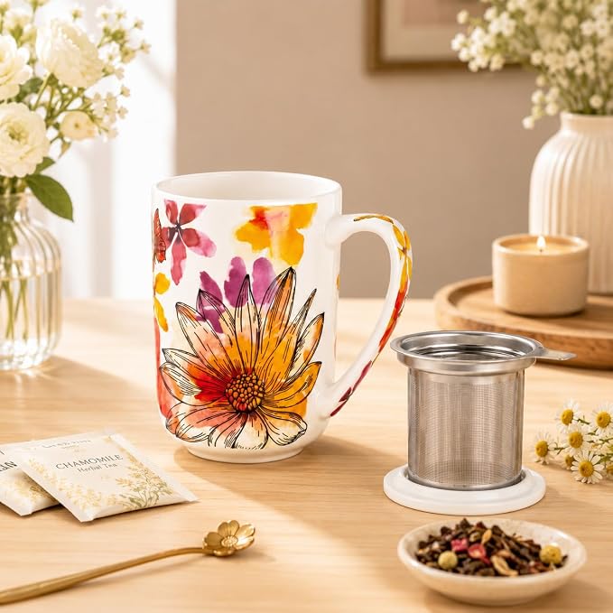 GBhome Tea Mug with Infuser and Lid,18 Ounce Ceramic Loose Leaf Cup Steeper | Lead-Free Glaze For Tea Lovers,Microwave & Dishwasher Safe with Tea Strainer