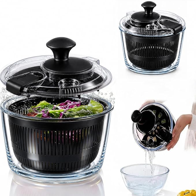 Glass Salad Spinner 3.2 Qt, Small Salad Spinner, Glass Bowl, Black | Removable Lid, Storage Lid, Dishwasher-Safe Glass Bowl, Fruit & Vegetable Washer Dryer, Drain Spout, Crank Handle