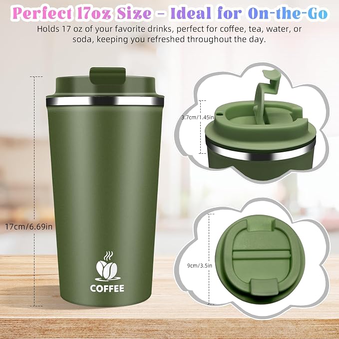 17oz Insulated Travel Coffee Mug with Flip Lid – Leakproof Stainless Steel Insulated Coffee Tumblers, Reuable Coffee Cup for Hot & Cold Drinks, Perfect for Camping & On-the-Go