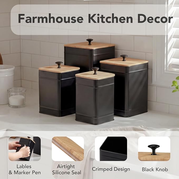 PERFNIQUE Kitchen Canisters, Airtight Canister Sets for Kitchen Counter, Kitchen Canisters for Countertop Set of 4, Coffee Tea Sugar Flour Spice Tin Jars Food Storage Container with Lid(Black)
