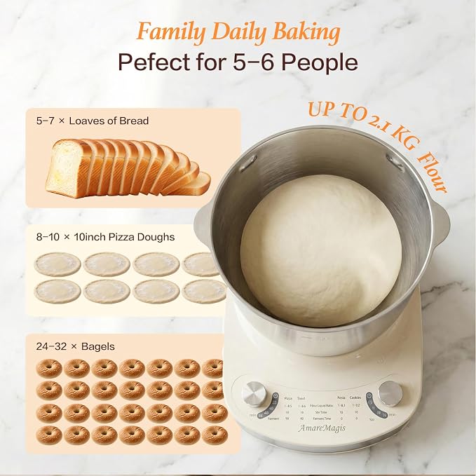 7.4QT Electric Dough Mixer with Timer & Fermentation, Dough Kneader Machine for Bread, Pizza, Pasta & Sourdough, Large Capacity Up to 2.1kg Dough, Hands-Free Kneading Machine for Home Baking