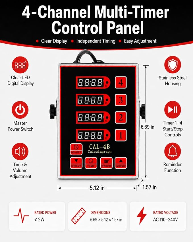 Commercial 4 Channels Digital Kitchen Timer, Stainless Steel Calculagraph Timer with Loud Alarm for Restaurant, Clock Reminder on Multiple Events