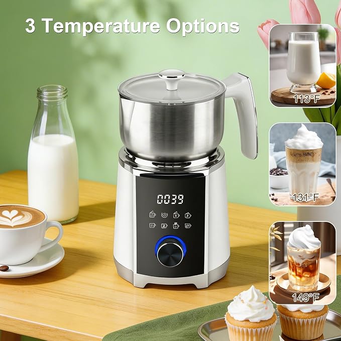 Milk Frother and Steamer, 8 in 1 Detachable Electric Milk Frother, Automatic Warm and Cold Foam Maker, Variable Temperature and Froth Thickness for Latte, Macchiato, Cappuccino, 20.29oz/600ml, White