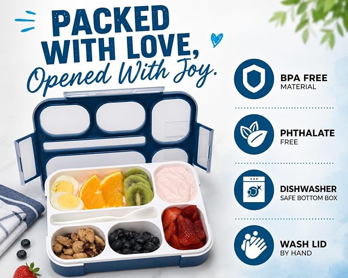 Bento Lunch Box Snack Containers for Kids Boys Girls Adults, 6 Divided Compartments - School, Daycare, Leak Proof Meal Planning Portion Control, BPA-Free Boxes, Utensils, Navy Blue