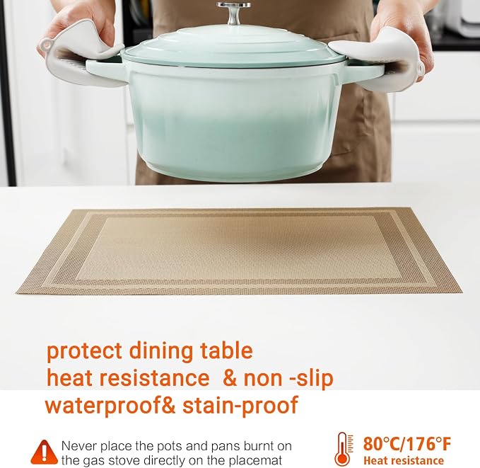 Beige Vinyl Placemats Set of 4,Washable Dining PVC Table Mats | Heat resistant, stain resistant non slip vinyl place mats, washable beige table placemats for dining table