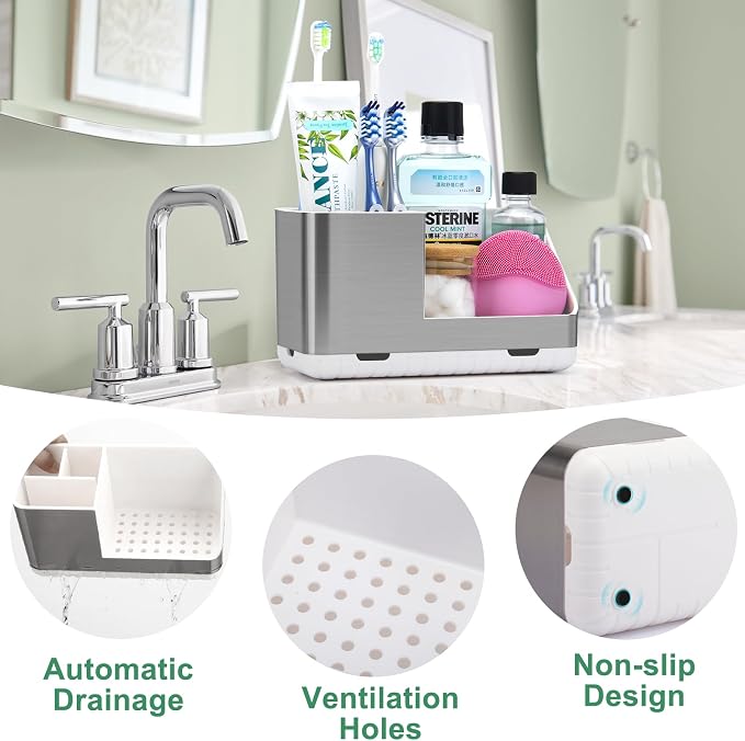 Toothbrush Holders for Bathroom Countertop Organizer (Brushed Silver Grain) | Easy To Clean, Drainage, Non-Slip, Detachable, Kids Electric Toothbrush and Toothpaste Holder for Bathrooms