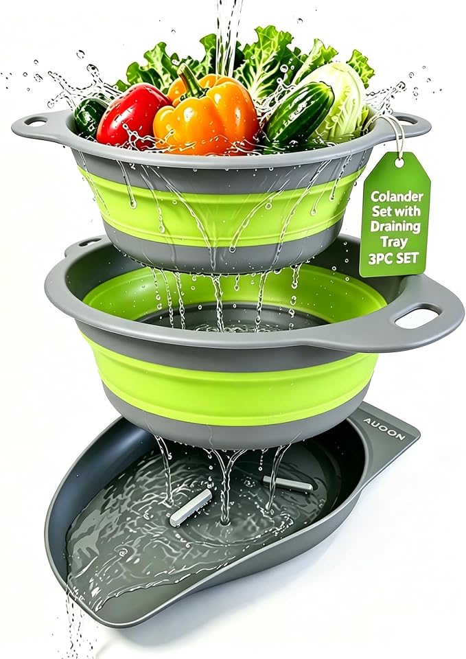 AUOON Collapsible Colander Set (3QT + 4QT) with Draining Base, Gray+Green | Fast Draining, Heat-Resistant, Dishwasher Safe, Space-Saving, Food-grade TPE & PP for Pasta Noodles Vegetables and Fruits
