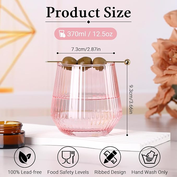 Pink Stemless Wine Glasses Set of 6, 12.5 Oz Lead-Free Ribbed Drinking Glass Cup for Wine, Cocktails, Champagne and Whiskey, Ideal Gifts for Weddings, Bars, Christmas, Halloween,Party, Daily Use