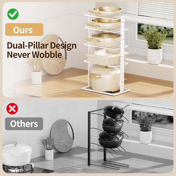 LAMU Pots and Pans Organizer Under Cabinet, 5 -Tier Dual-Pillar Design | Adjustable All-Metal Rack Stores Pots, Pans And Lids in Cabinets, on Countertops or Under Sinks, Holding Up to 55 Lb White