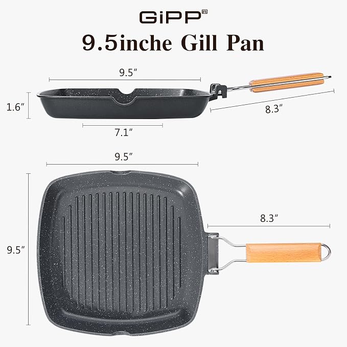 GiPP Nonstick Grill Pan with Folding Handle,Square Grill Skillet, Grilling Pan with Pour Spouts, Versatile Griddle Steak Pan for All Stove,PFOA Free, 9.5 Inch