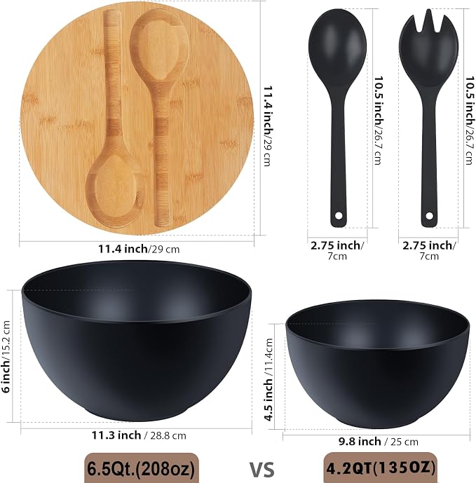 11.3" Extra Large Salad Bowl with Wooden Lid & Servers, 208Oz, Oversized Bamboo Fiber Salad Serving Set with Utensils for Home/Kitchen, Big Lightweight Bowl for Mixing Salad,Fruit,Pasta - Matte Black
