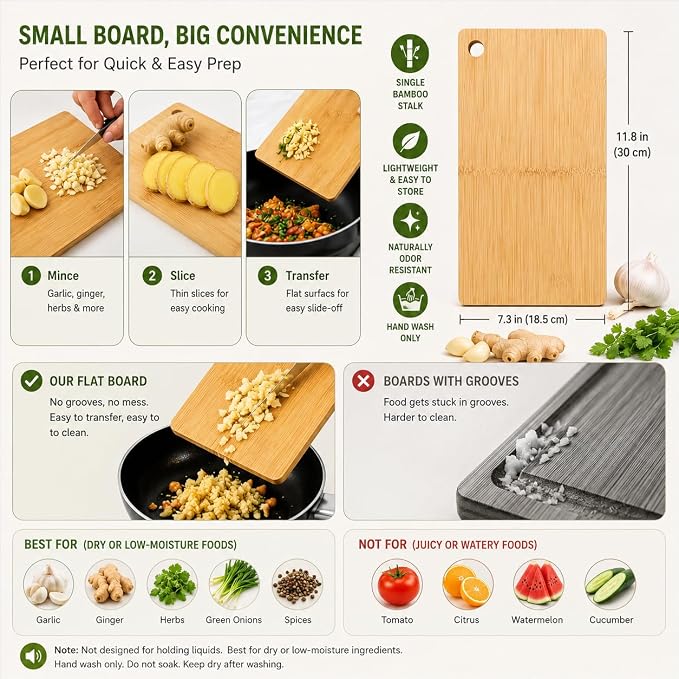 Small Bamboo Cutting Board for Garlic, Ginger, Herbs & Fruit, Solid One-Piece Bamboo Construction, Compact Mini Prep Board, Naturally Odor Resistant, 11.8 x 7.3 Inch