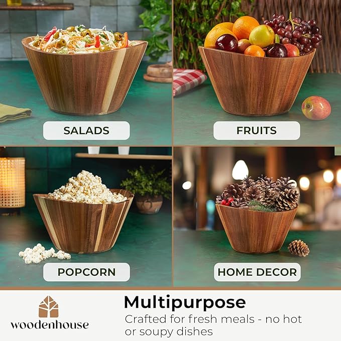 Wooden Salad Bowl Set of 3, Wavy Wood Bowls for Serving | Large, Medium & Small – Handmade, Durable & Stylish Natural Dining Accessory