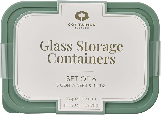 Glass Food Storage Containers with Lids — 6 Piece — 26.5 oz & 40.57 oz Glass with BPA-Free Leakproof Stackable Lids — Microwave, Oven & Dishwasher Safe — Ideal for Meal Prep & More - Soft Sage