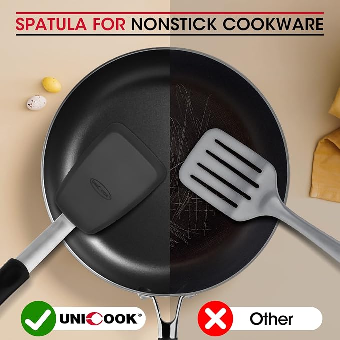 Unicook 4 Pack Flexible Silicone Spatula, Turner, 600F Heat Resistant, Ideal for Flipping Eggs, Burgers, Crepes and More, Black