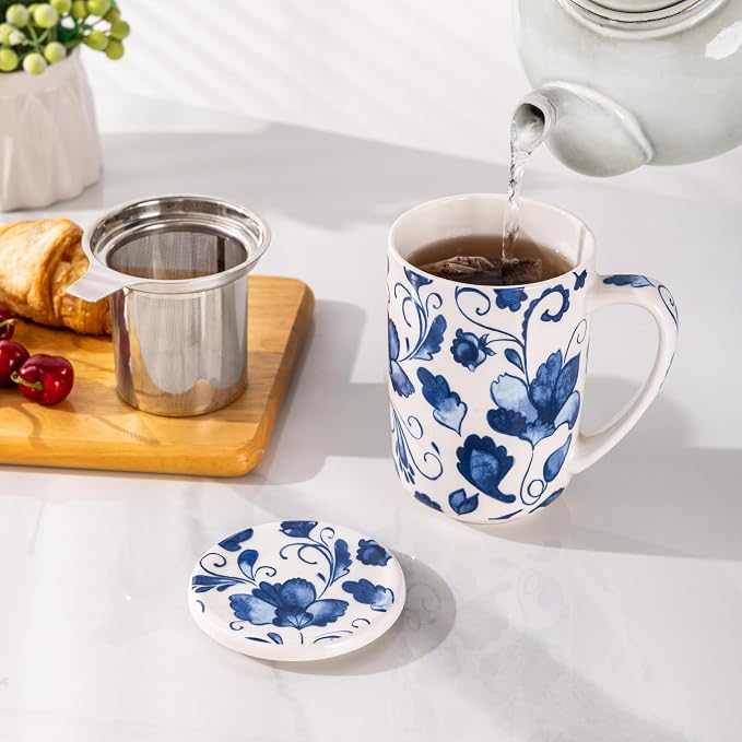 GBhome Tea Mug with Infuser and Lid,18 Ounce Ceramic Loose Leaf Cup Steeper | Lead-Free Glaze For Tea Lovers,Microwave & Dishwasher Safe with Tea Strainer