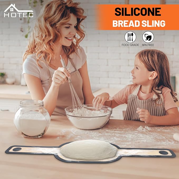 HOTEC 2 Pcs Silicone Bread Sling for Dutch Oven, 0.7MM Thickened Heat Resistant to 500°F Non-Stick Baking Mat with Long Handle Easy to Transfer Sourdough Bread, Dutch Oven Liners Baking Supplies