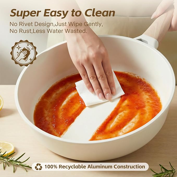 Ceramic Nonstick Frying Pan with Lid, 4.0 QT Sauté Pan Large Capacity Skillet, Non Stick Deep Frying Pan Induction Compatible White Granite Coating PFOA/PFAS Free Non-toxic Healthy Kitchen Cookware