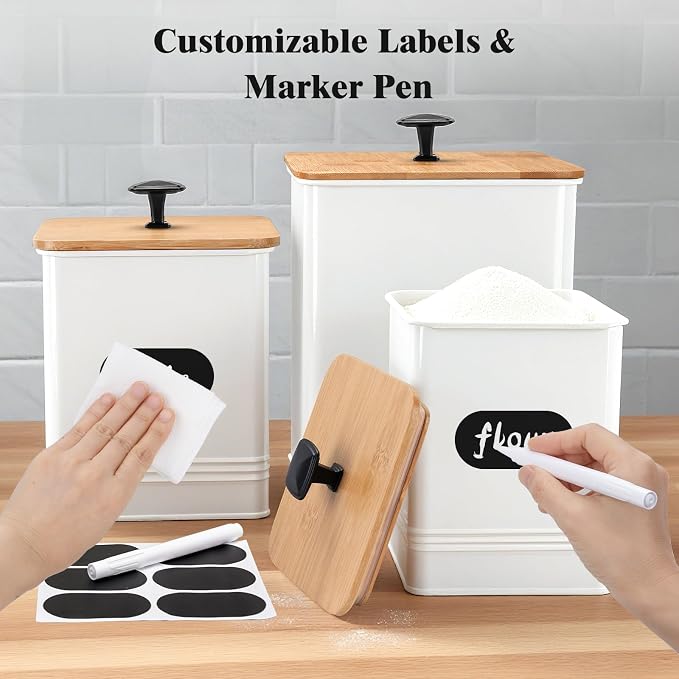 Kitchen Canisters Set of 3, Metal Flour Sugar Storage Containers with Airtight Lids-Canisters Sets for Kitchen with Customizable Chalkboard Labels & Marker Pen-Spice, Coffee Storage Jars(White)