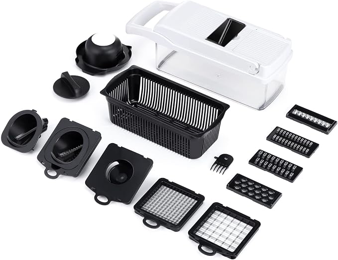 KEOUKE Vegetable Chopper Mandoline Slicer Pro - 16 in 1 Interchangeable Blades Food Chopper with Container, Hand Guard & Drainer, Veggie Dicer Spiralizer Kitchen Gadget for Onion, Cucumber, Fruit