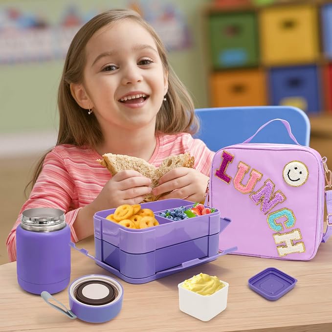 Preppy Lunch Box for Girls with 10oz Thermo, with 6 Compartment Bento Box, Purple Nylon Insulated Lunch Bag Adjustable Strap for Girl Kids Teens School Travel Picnic | Nylon Insulated Lunch Bag with Adjustable Strap, Ideal for Kids Teens School, Travel...