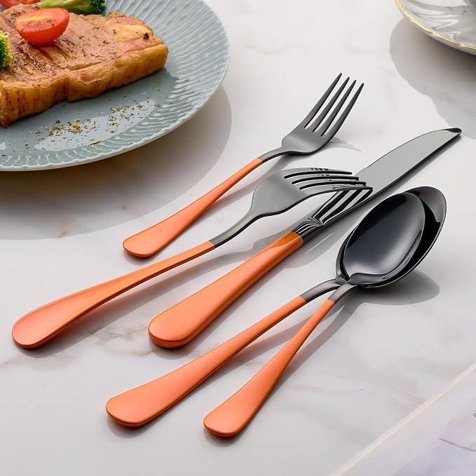 20-Piece Pink and Black Stainless Steel Silverware Set - Dinner Knives, Forks, Spoons - Dishwasher Safe