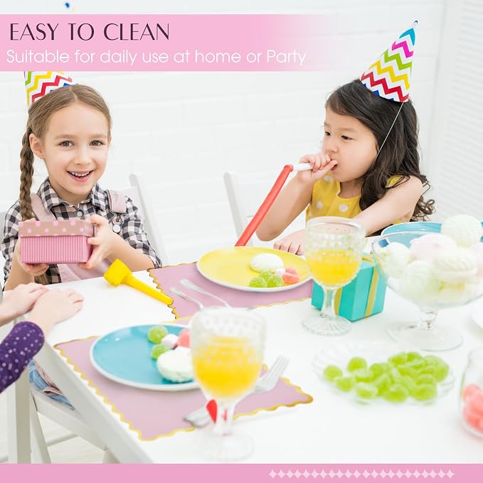 FoldTier 150 Pcs Disposable Paper Placemats Bulk 10"x14" Rectangle Place Mats with Scalloped Edges Dining Table Mat for Wedding Birthday Party Table Decoration(Pink)