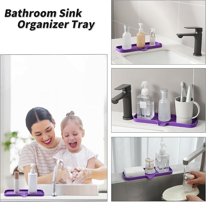 MicoYang Silicone Soap Dish with Drain Spout — Self-Draining Double Sink Organizer Tray for Kitchen & Bathroom, Dispensers, Sponges & Soap Holder, Non-Slip & Dishwasher Safe, Purple (Large, 12"×4")
