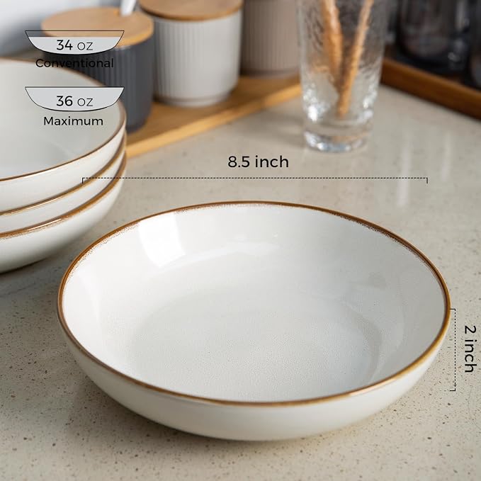 AmorArc 8.5’’ Ceramic Pasta Bowls Set of 6, 36oz Large Stoneware Bowls Set | Large Dinner Serving Bowls Set, Wide Bowl Plate for Pasta,Salad, Soup, Microwave Safe, Reactive Glaze-Pearl White