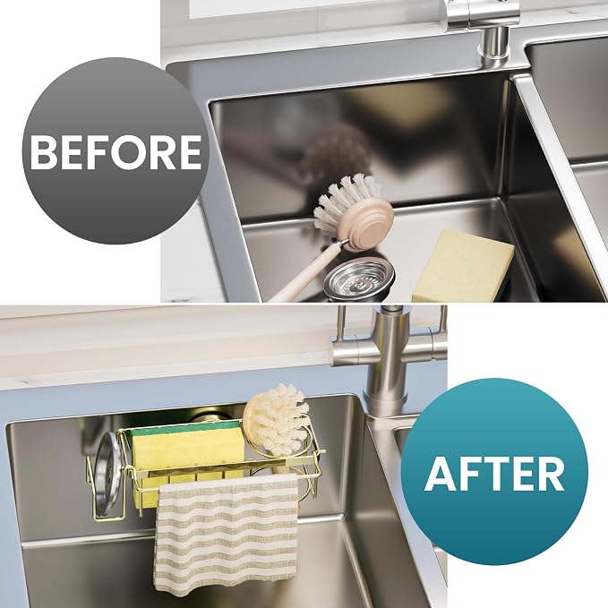 TAILI 4-in-1 Sink Sponge Holder for Kitchen with Strong Suction Cup-Gold | Removable Sink Caddy with Suction Cup, Rustproof 304 Stainless Steel Multi-compartment Sink Organizer for Sponge, Brushes
