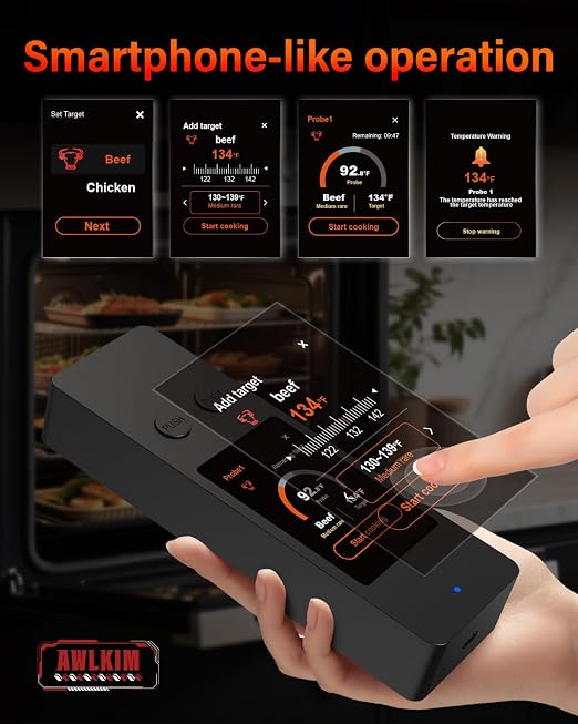 AWLKIM Wireless Meat Thermometer with Touchscreen Base, No Phone Needed — 2 Probes, 8 Sensors, Bluetooth 5.3, Rechargeable for Grill, BBQ, Smoker & Oven