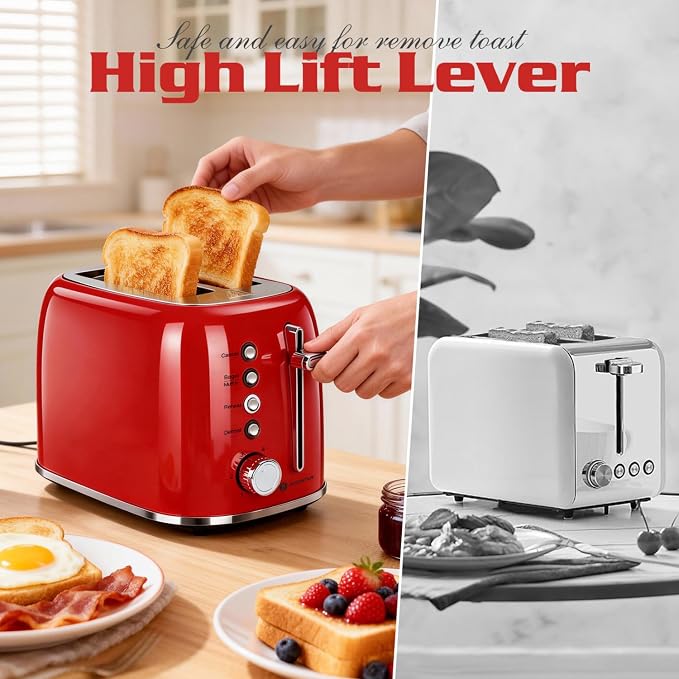 Aigostar Toaster 2 Slice, Retro Extra-Wide Slot, Red | Best Rated Prime, For Toasting Bagels, Breads, Waffles & More, Cancel, Defrost & 6 Browning, Removable Crumb Tray