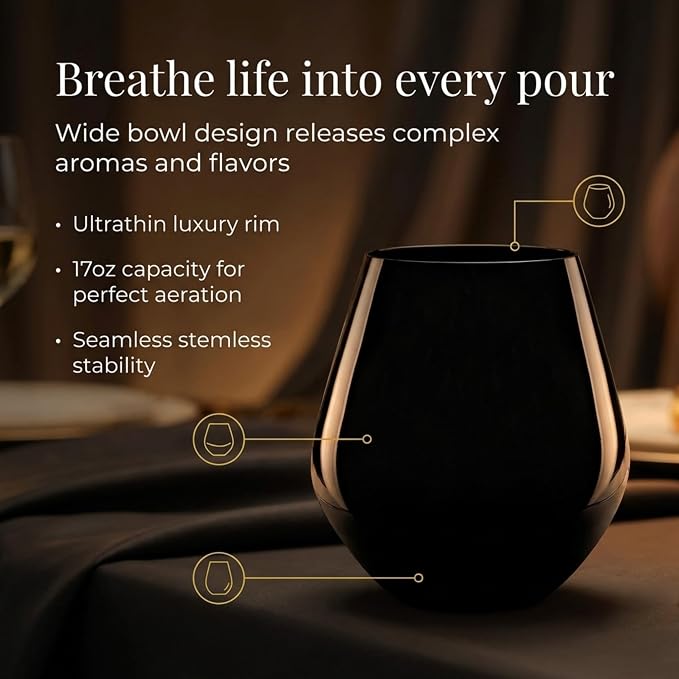 Godinger Stemless Red Wine Glasses, Drinking Glasses, European Made Stemless Wine Glass - Black, 17oz, Set of 4