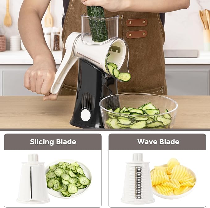 X Home 5-in-1 Rotary Cheese Grater for Kitchen, Upgraded Hand Crank Shredder with Stronger Suction Base & Multifunctional Drum Blades, for Cheese, Vegetables and Nuts, Easy to Use and Clean, Black