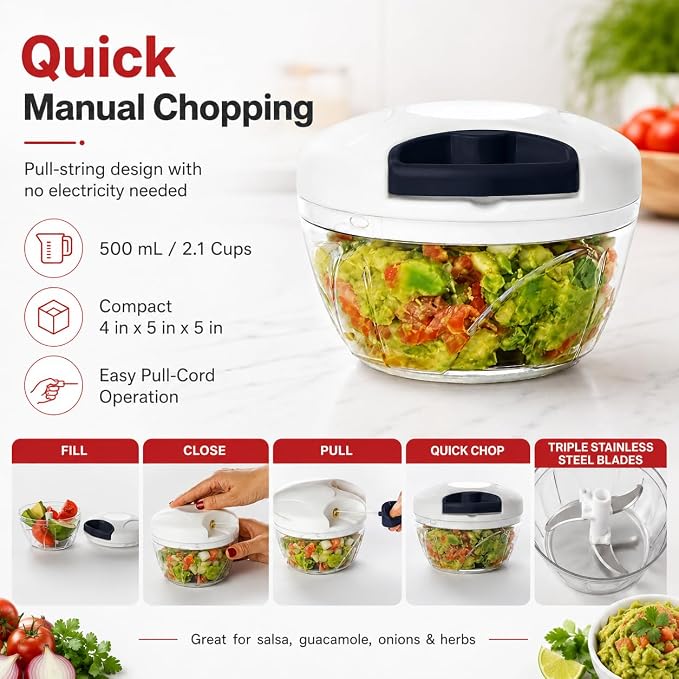 Pull String Food Chopper, 500 mL Manual Vegetable Cutter | Manual Pull-String Chopper 500 mL / 2.1 Cup Capacity Great for Salsa & Guacamole Compact & Easy to Store