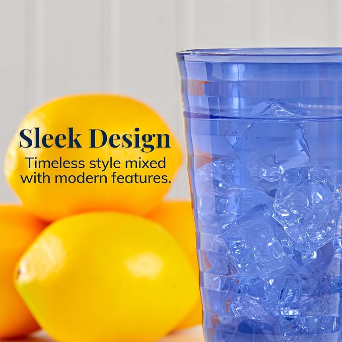US Acrylic Splash [Set of 16] 18 ounce Plastic Stackable Water Tumblers in 4 Coastal Colors Value Set of Drinking Cups, Reusable, BPA-free, Made in the USA, Top-rack Dishwasher Safe