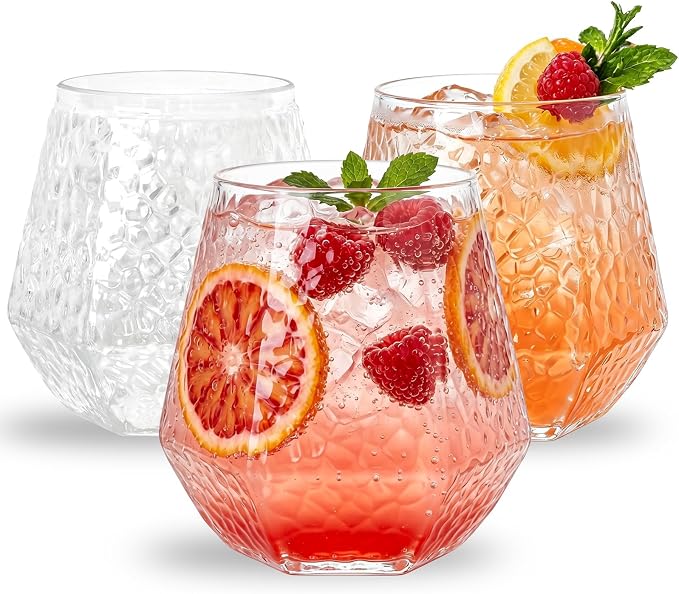 Ciaell 30 Pack Plastic Wine Glasses for Weddings Outdoor Gatherings | 14 oz Diamond Hammered Rim Stemless Wine Cups, Heavy Duty Plastic, Wine Whiskey Champagne Cocktails for Parties Bars