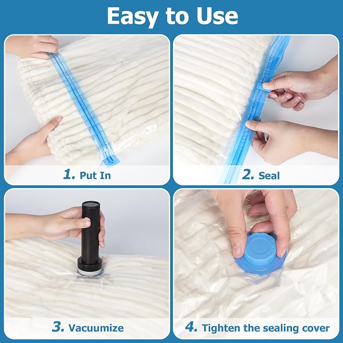 15 Vacuum Seal Bags for Clothing Travel with Rechargeable Air Pump | 4 Size Space Saver Vacuum Storage Bags, 1500mAh Type-C Pump, 6000Pa Saves 80% Space, PA+PE Tearproof Zipper
