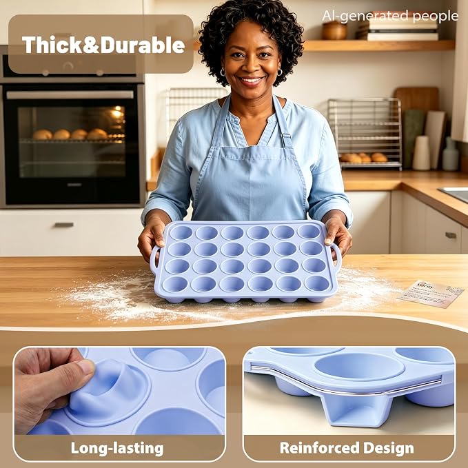 Mini Silicone Muffin Pan with Frame Non Stick Cupcake Tin Baking Mold | Silicone Cupcake Pan with Handles 24 Cup, BPA Free Silicon Muffin Tin Tray Small for Baking, Egg Bites, Cupcake Mold Blue