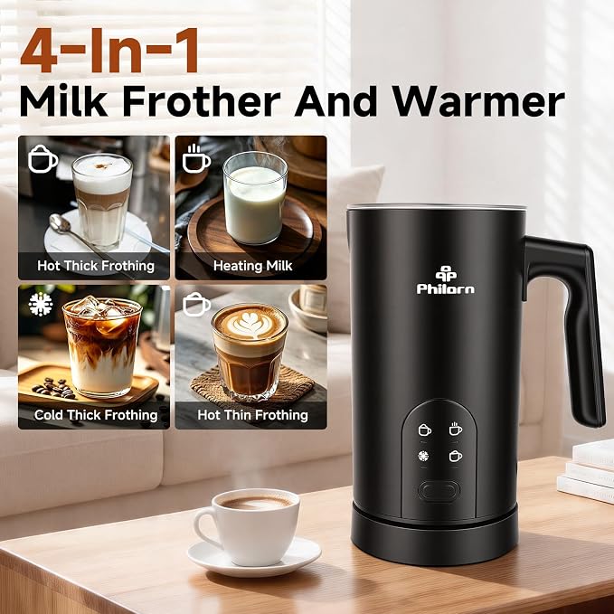 Philorn 4-in-1 Electric Milk Frother and Steamer, Frother for Coffee - Quick Hot & Cold Foam, Warm Milk, 350ml/11.8oz, Quiet, Auto Shut-Off, Non-Stick, for Coffee Lovers, Home & Office