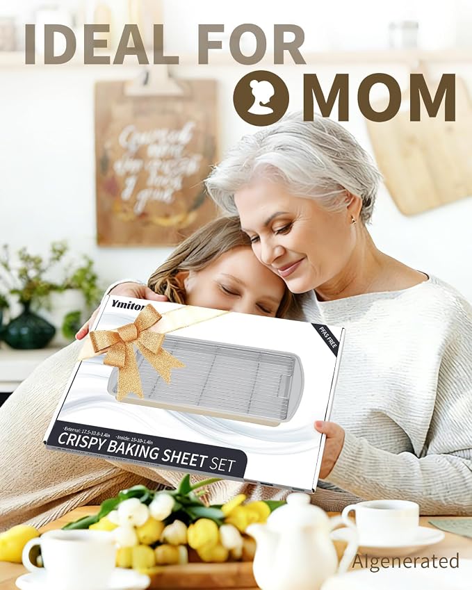 Nonstick Crisp Baking Tray With Wire Rack, Ceramic Coating Jelly Roll 15x10 Cookie Sheet Pan, Non-Toxic, PTFE & PFOA Free, Oven Safe 550°F, Dishwasher Safe, Aluminized Steel, Pistachio Green