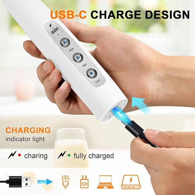 YUSWKO Handheld Milk Frother Wand for Coffee, Rechargeable Electric Whisk with 3 Heads 3 Speeds Drink Mixer Coffee Frother For Latte, Cappuccino, Hot Chocolate, Egg, White with Holder