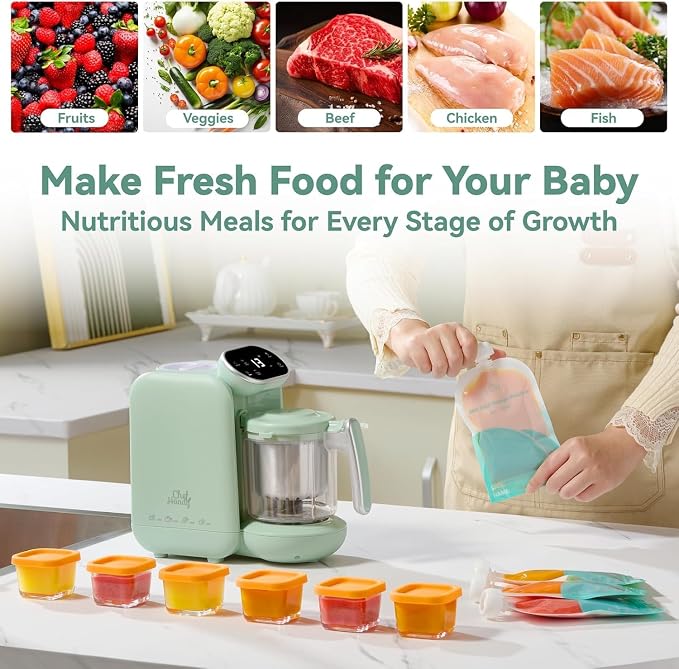 Chefhandy 5-in-1 Baby Food Maker with Stainless Steel Steam Basket, Green | One-step baby food processor with BPA-free food-contact parts, 6 reusable pouches, and recipe guide for homemade baby meals.